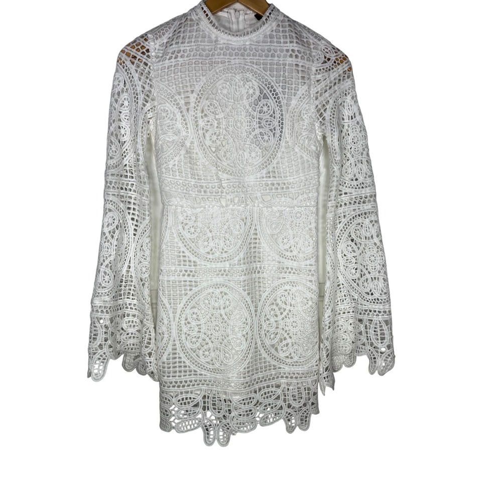 Haute Rogue Boho Crochet Lace Bell Sleeve Mini Dress XS White Medallion